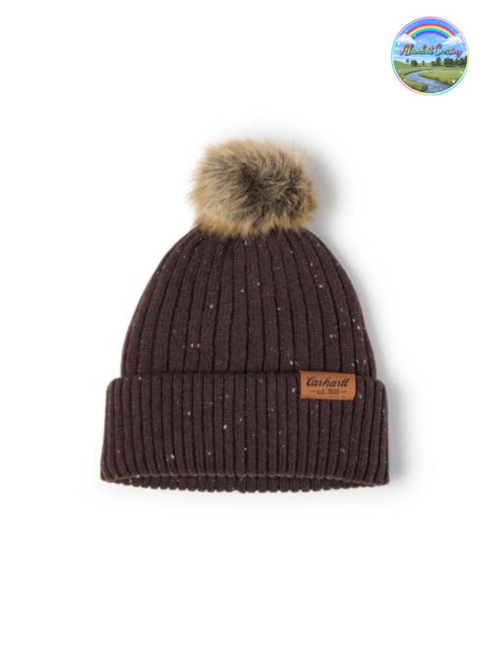 Knit Faux Fur Pom-Pom Beanie Winter Hat Faux Suede Label